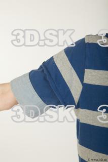 Upper body striped blue gray shirt blue jeans shorts black…
